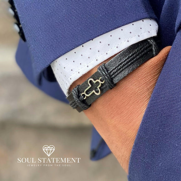 Soul Statement Cross Leather Bracelet for Men: Confirmation Gifts for Teenagers