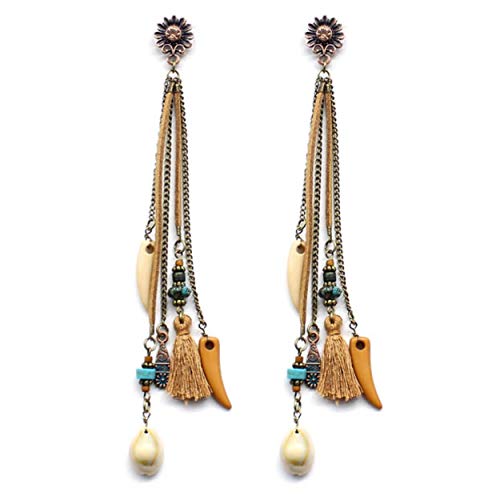 Women's Bohemian Leather Tassel Long Drop Earrings Stone Charms