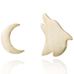 FTA Wolf Earrings: Gold Stud Wolf and Crescent Moon Earring Set, Unique Accessories for Women