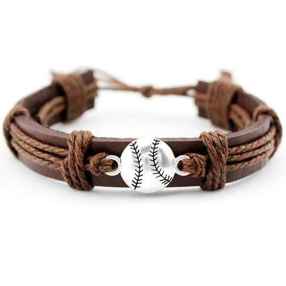 Sports Leather Wrap Bracelets for Men Teen Soccer Football Charm Bracelet (Baseball)